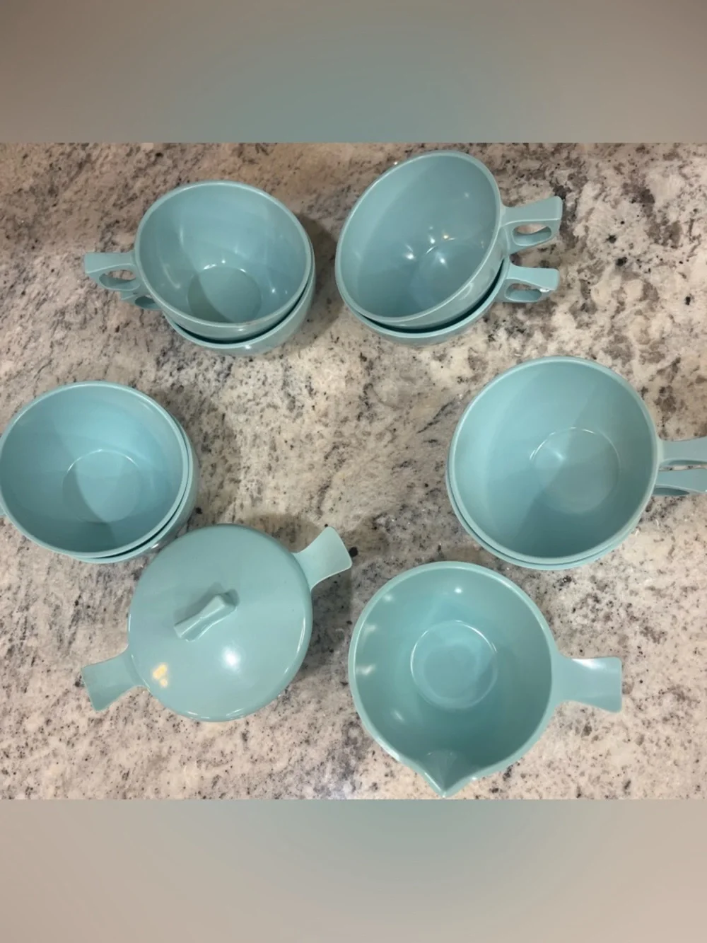 Vintage Stetson Melmac Mugs, Creamer and Sugar Bowl Set - Robin's Egg Blue 11 Pc